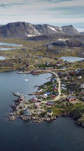 Preview wallpaper island, coast, buildings, sea, pier