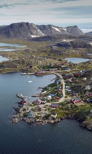 Preview wallpaper island, coast, buildings, sea, pier