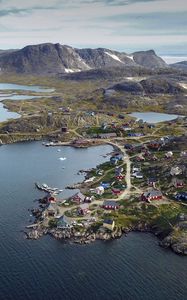 Preview wallpaper island, coast, buildings, sea, pier