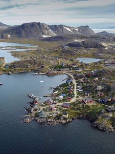 Preview wallpaper island, coast, buildings, sea, pier