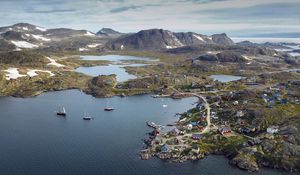 Preview wallpaper island, coast, buildings, sea, pier