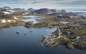 Preview wallpaper island, coast, buildings, sea, pier