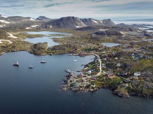 Preview wallpaper island, coast, buildings, sea, pier