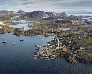 Preview wallpaper island, coast, buildings, sea, pier