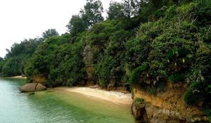 Preview wallpaper island, coast, mountains, vegetation, equator