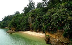 Preview wallpaper island, coast, mountains, vegetation, equator