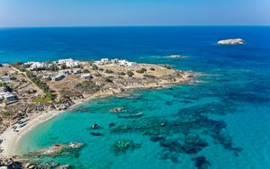 Preview wallpaper island, coast, sea, buildings, horizon