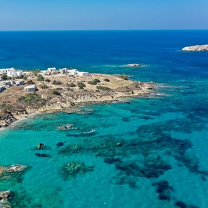 Preview wallpaper island, coast, sea, buildings, horizon