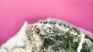 Preview wallpaper island, coast, sea, pink, aerial view