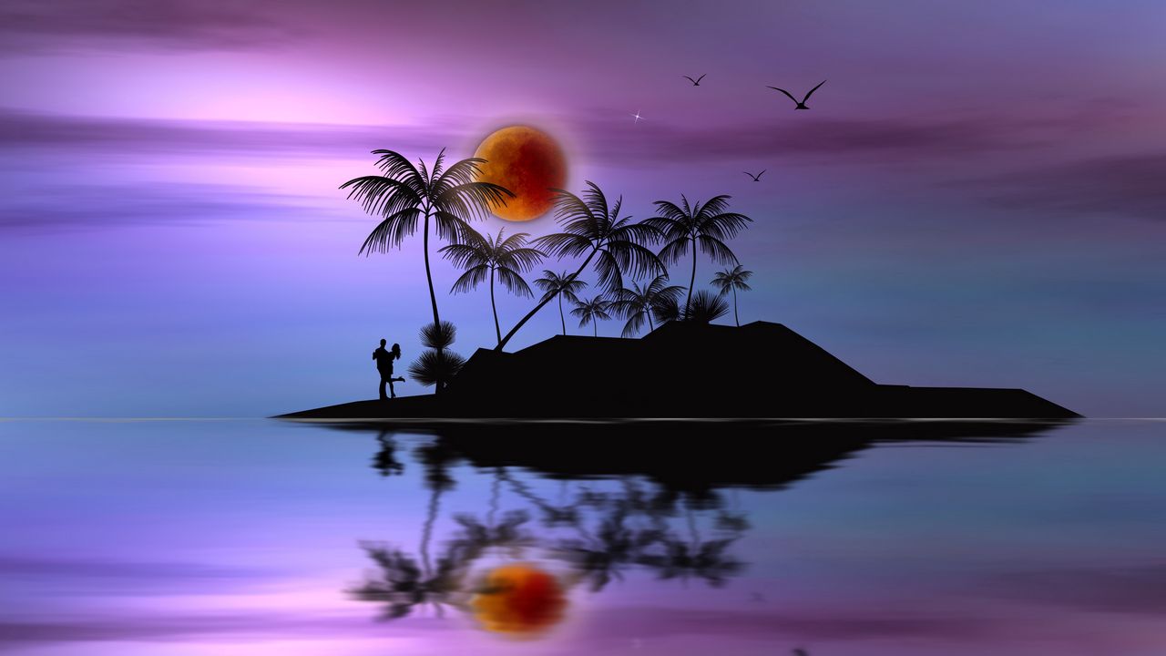 Wallpaper island, couple, love, silhouettes, palms, moon