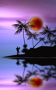 Preview wallpaper island, couple, love, silhouettes, palms, moon