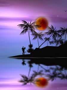 Preview wallpaper island, couple, love, silhouettes, palms, moon