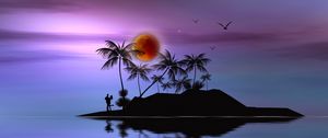 Preview wallpaper island, couple, love, silhouettes, palms, moon