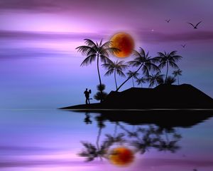 Preview wallpaper island, couple, love, silhouettes, palms, moon