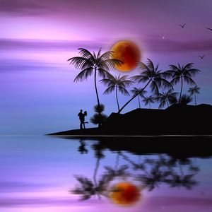Preview wallpaper island, couple, love, silhouettes, palms, moon
