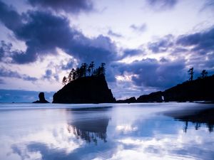 Preview wallpaper island, evening, horizon, lake, reflection