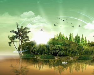 Preview wallpaper island, fantasy, sea, sky, palm trees