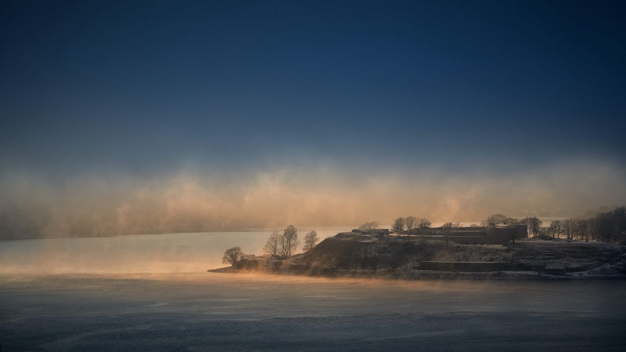 Wallpaper island, fog, clouds, sea, landscape