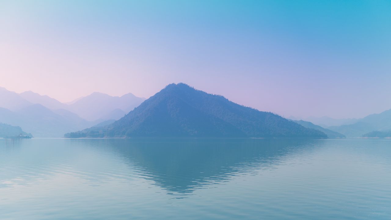 Wallpaper island, fog, sea, hills, reflection