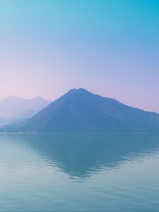 Preview wallpaper island, fog, sea, hills, reflection