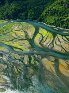 Preview wallpaper island, forest, river, aerial view, nature