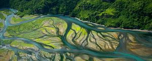 Preview wallpaper island, forest, river, aerial view, nature