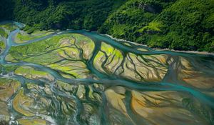 Preview wallpaper island, forest, river, aerial view, nature