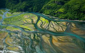 Preview wallpaper island, forest, river, aerial view, nature