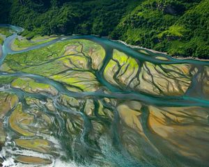 Preview wallpaper island, forest, river, aerial view, nature