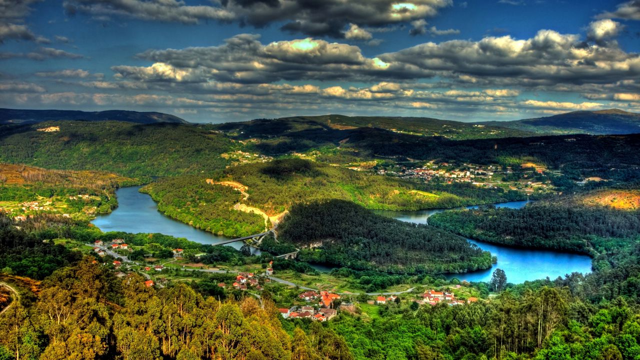 Wallpaper island, from above, river, city, woods, hills, clouds, shadows, sky, brightly, contrast, look, landscape