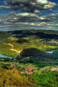 Preview wallpaper island, from above, river, city, woods, hills, clouds, shadows, sky, brightly, contrast, look, landscape