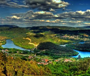 Preview wallpaper island, from above, river, city, woods, hills, clouds, shadows, sky, brightly, contrast, look, landscape