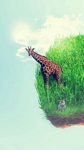 Preview wallpaper island, grass, giraffe, animal, imagination