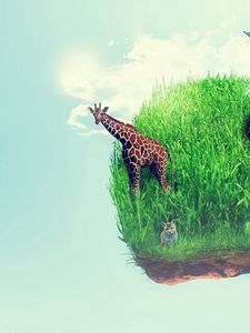 Preview wallpaper island, grass, giraffe, animal, imagination