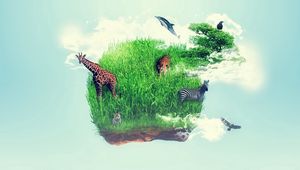 Preview wallpaper island, grass, giraffe, animal, imagination