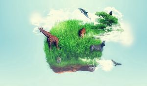 Preview wallpaper island, grass, giraffe, animal, imagination