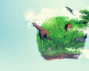 Preview wallpaper island, grass, giraffe, animal, imagination