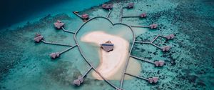 Preview wallpaper island, heart, aerial view, bungalow, ocean