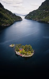 Preview wallpaper island, house, lake, rocks, trees