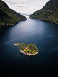 Preview wallpaper island, house, lake, rocks, trees