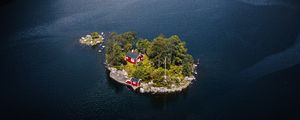 Preview wallpaper island, house, lake, rocks, trees