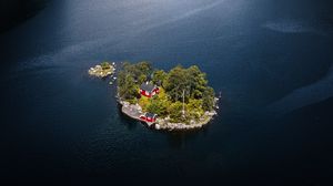 Preview wallpaper island, house, lake, rocks, trees