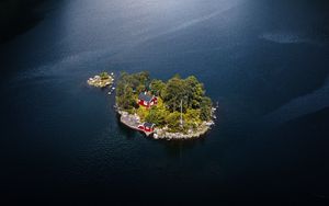 Preview wallpaper island, house, lake, rocks, trees