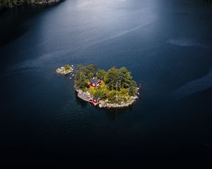 Preview wallpaper island, house, lake, rocks, trees