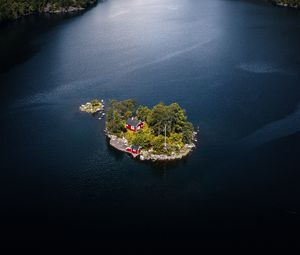 Preview wallpaper island, house, lake, rocks, trees