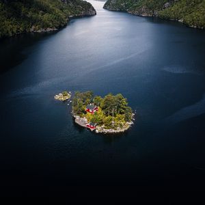 Preview wallpaper island, house, lake, rocks, trees