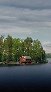 Preview wallpaper island, house, river, trees, water, nature