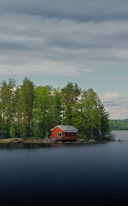 Preview wallpaper island, house, river, trees, water, nature
