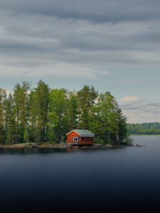 Preview wallpaper island, house, river, trees, water, nature