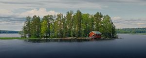 Preview wallpaper island, house, river, trees, water, nature